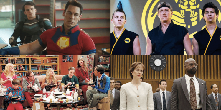 Da esquerda para a direita, de cima para baixo: Pacificador, Cobra Kai, The Big Bang Theory e O Povo Contra O. J. Simpson. Fotomontagem: Eduardo Bregalda Jr.