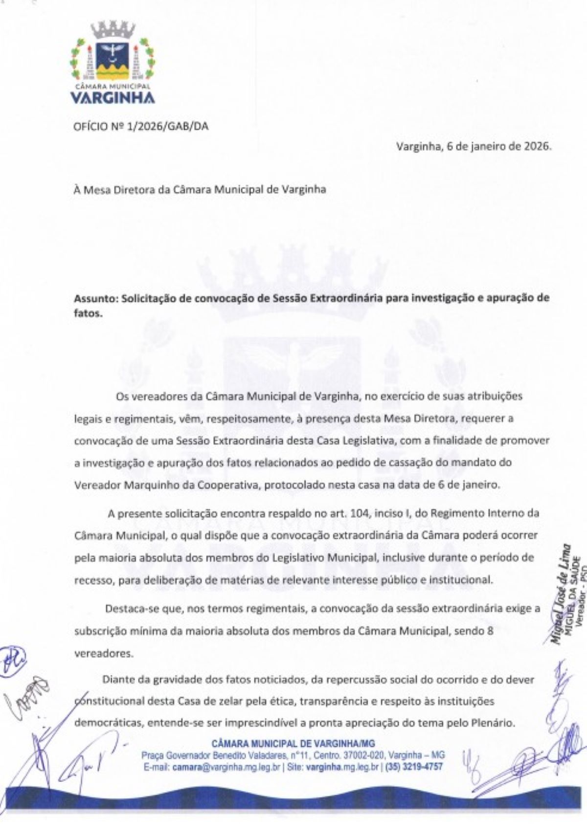 "Ofício convoca vereadores para sessão sobre cassação em Varginha."